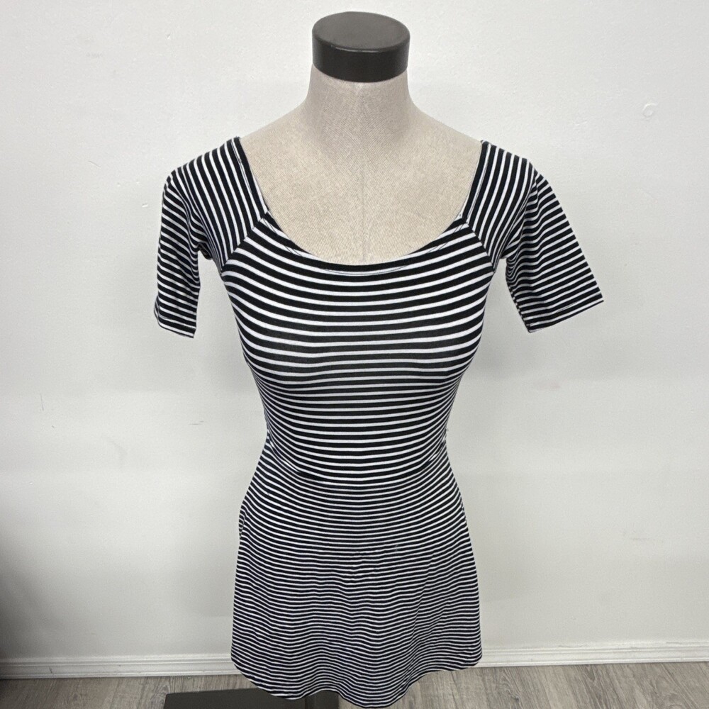 Mimi Chica Black White Striped Knit Scoop Neck Stretch Mini Dress Size S